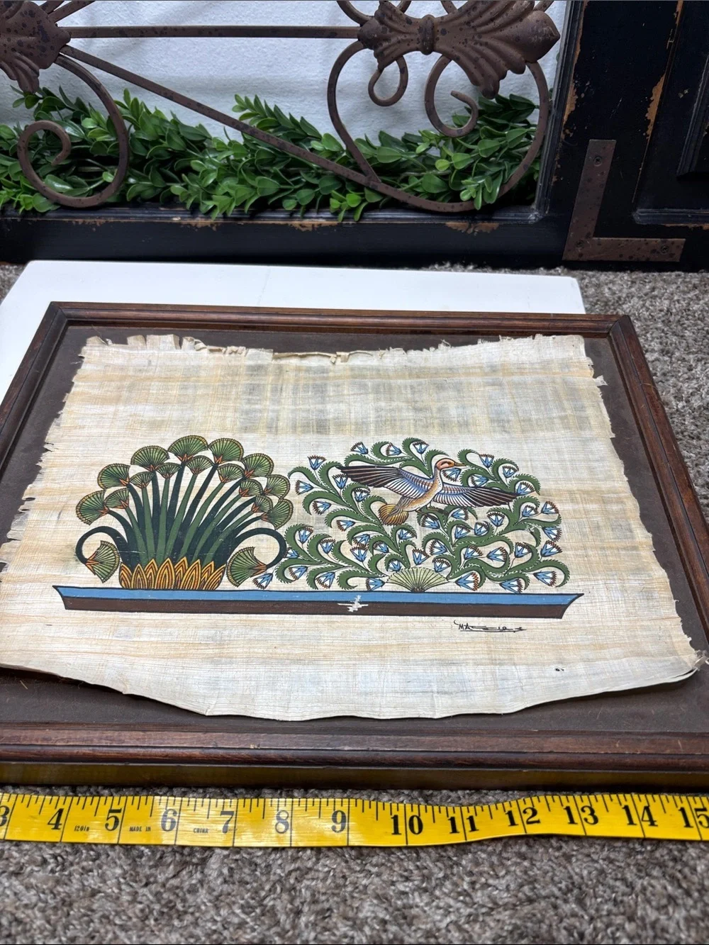 Egyptian art painted on papyrus duck lotus and papyrus plants with frame